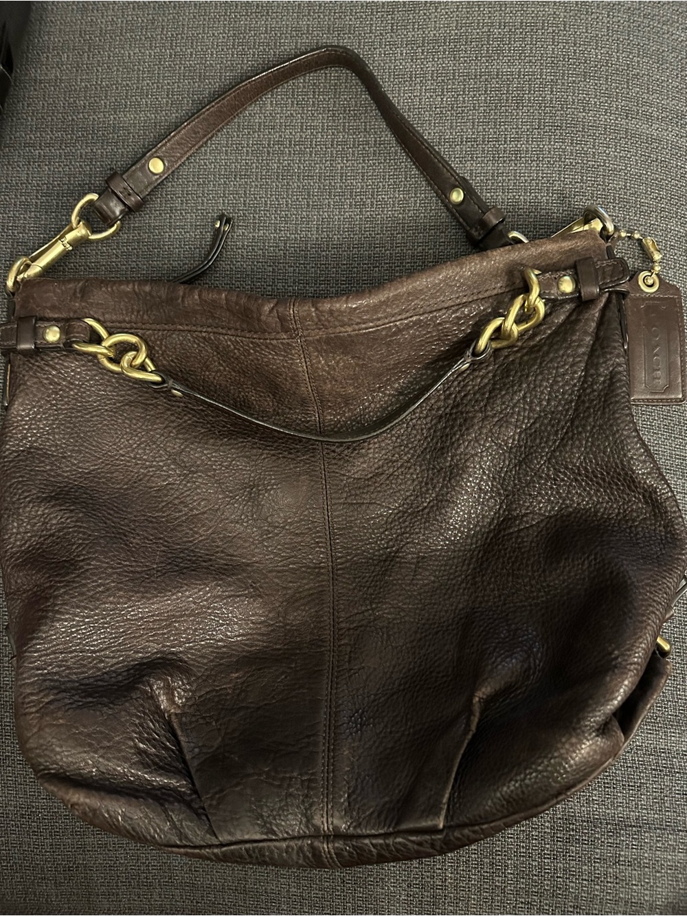 Coach Dark Brown Pebbled Leather Hobo with Brass Chain Detail